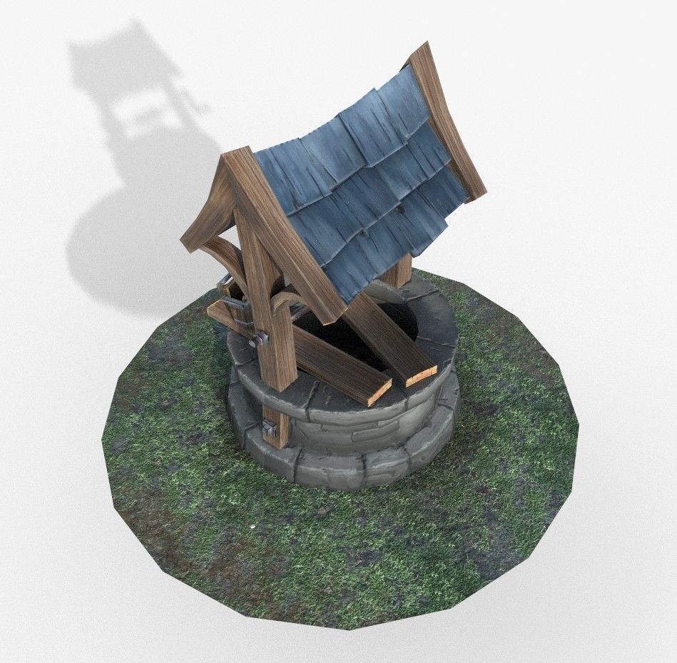 Well low poly water in middle of grassy area Low-poly 3D model_4