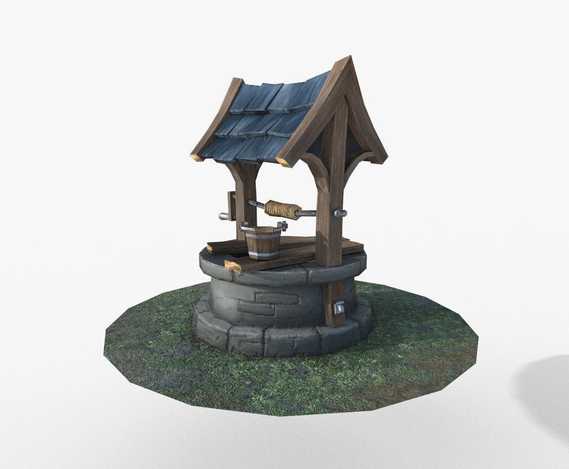 Well low poly water in middle of grassy area Low-poly 3D model_2