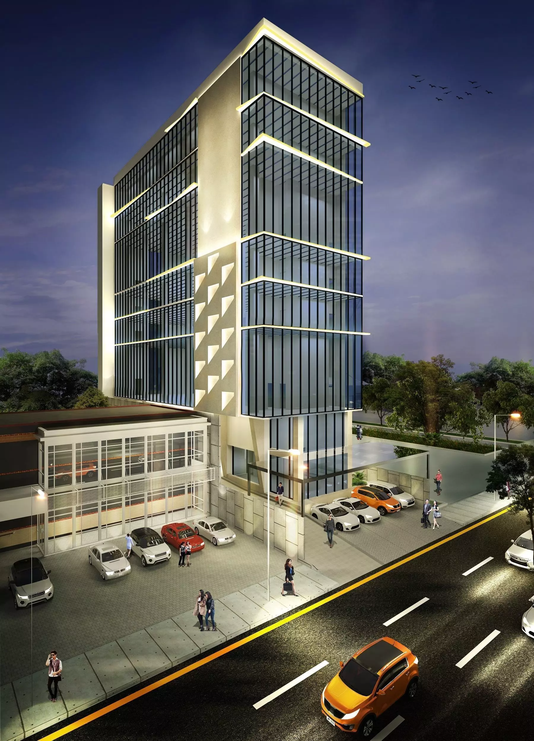 Buliding office building with cars parked 3D model