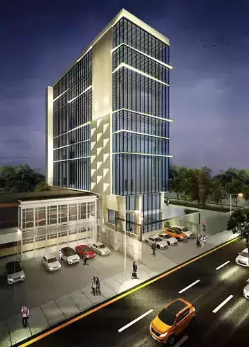 Buliding office building with cars parked