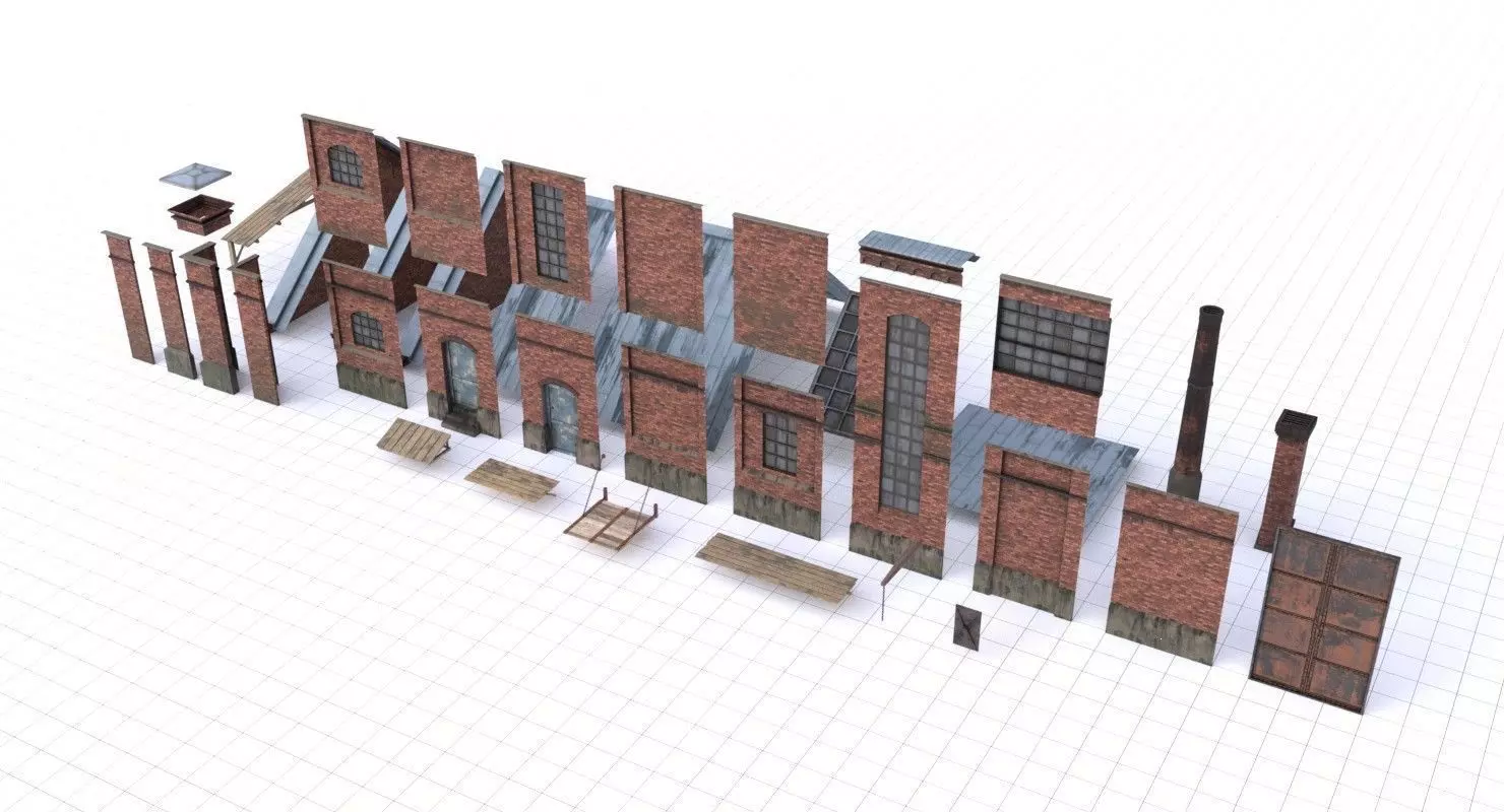 Modular Old Industrial Building Asset Low-poly 3D model_0