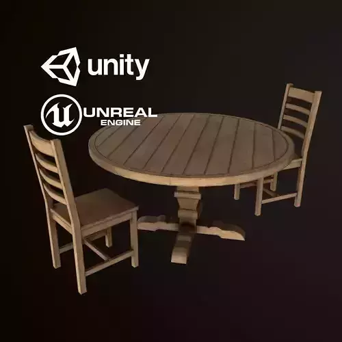 Wood Round Dining Table Chair Set - PBR Game Ready