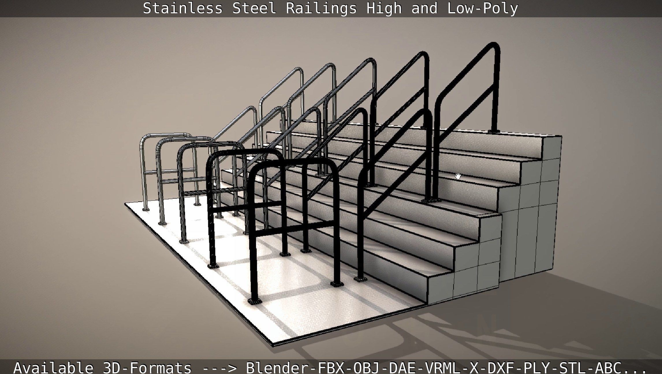Stainless Steel Railings High and Low-Poly 3D model_87