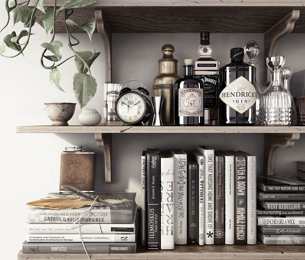 Decor Set 3D Model wooden shelf with books and plants 3D model_2