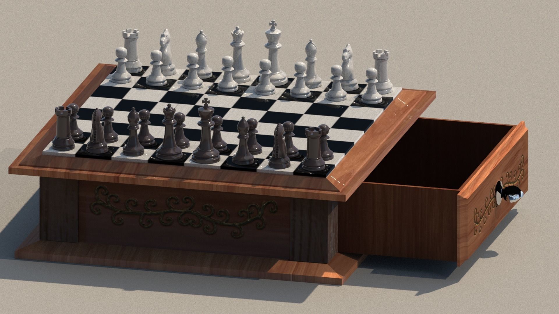 chessboard chess pieces in wooden box Low-poly 3D model_1