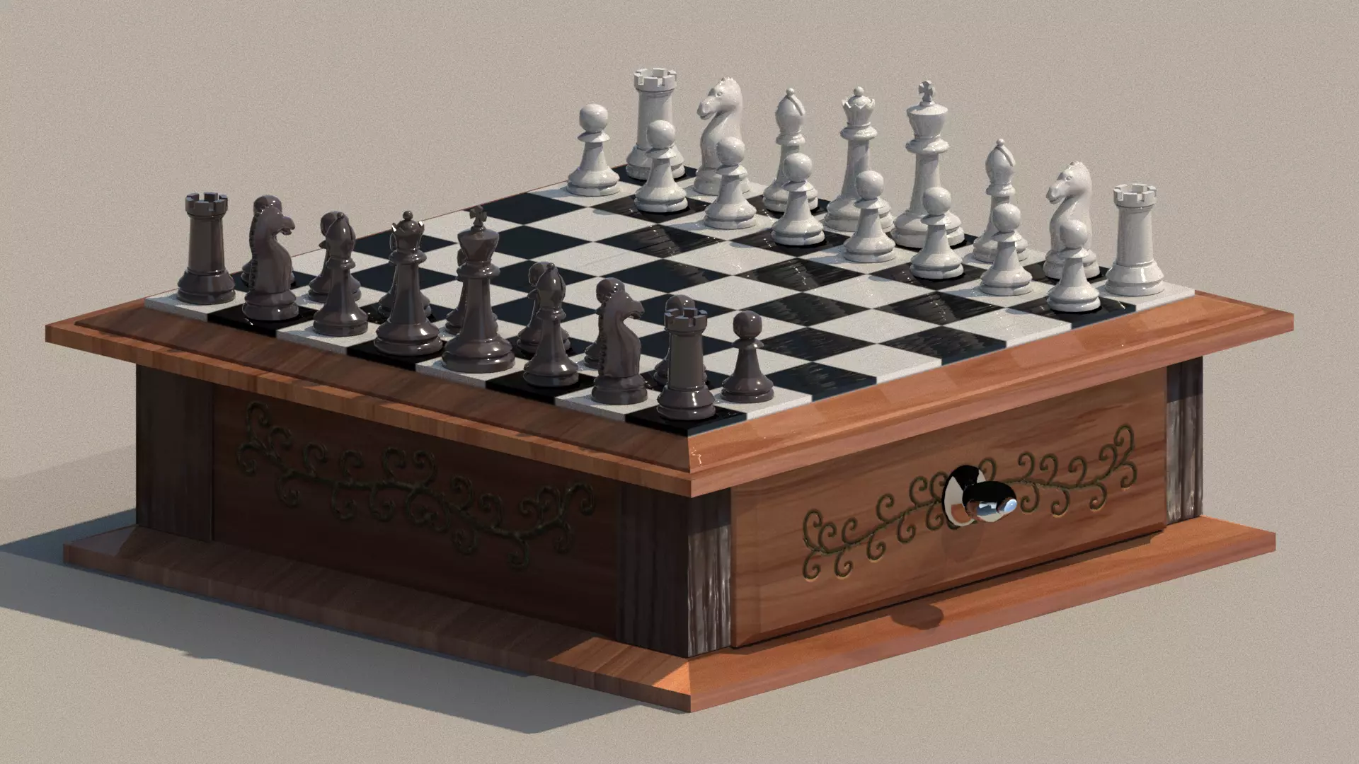chessboard chess pieces in wooden box Low-poly 3D model_0