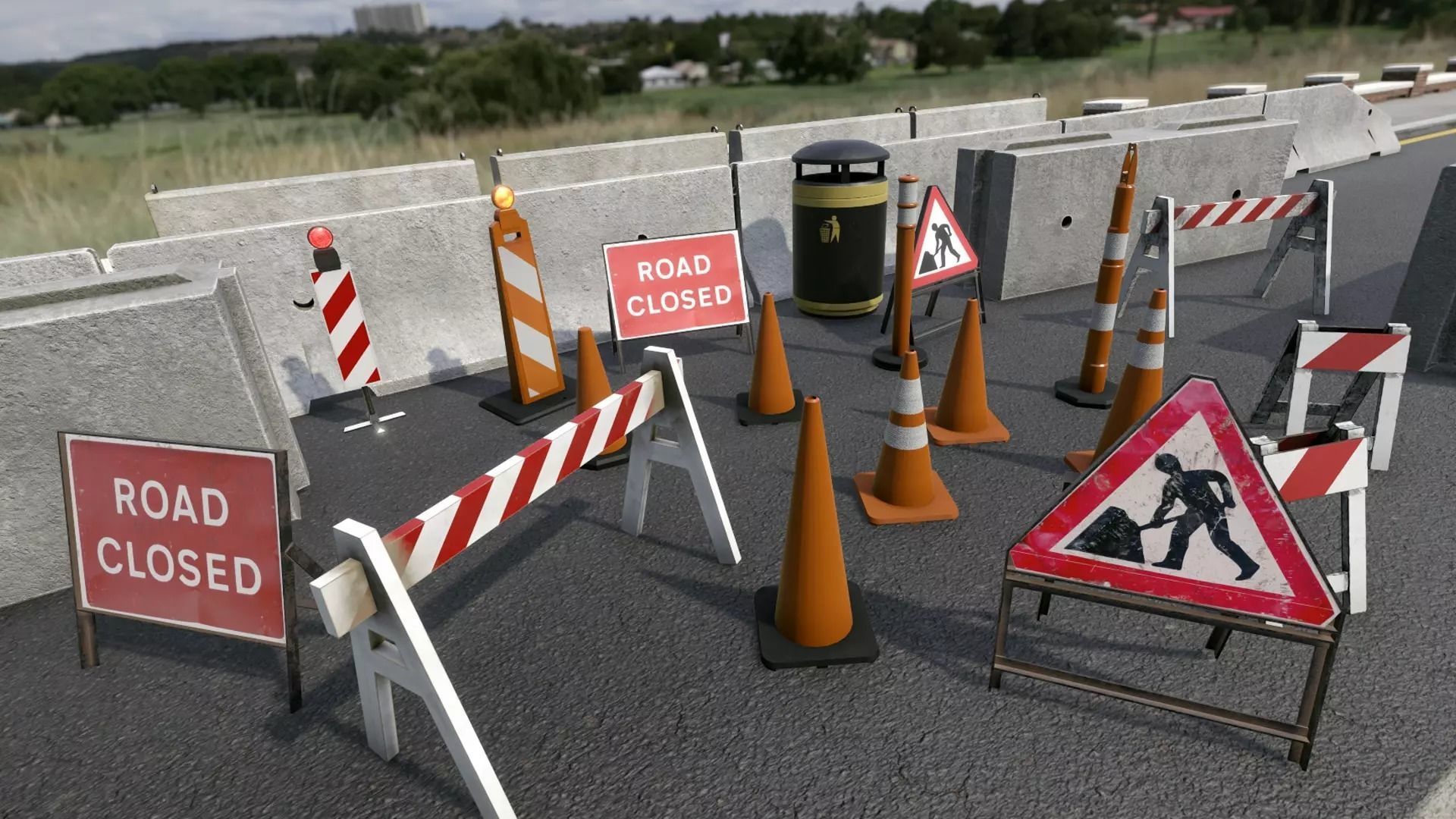Low Poly PBR Road Traffic Cones signs and jersey barriers Low-poly 3D model_5