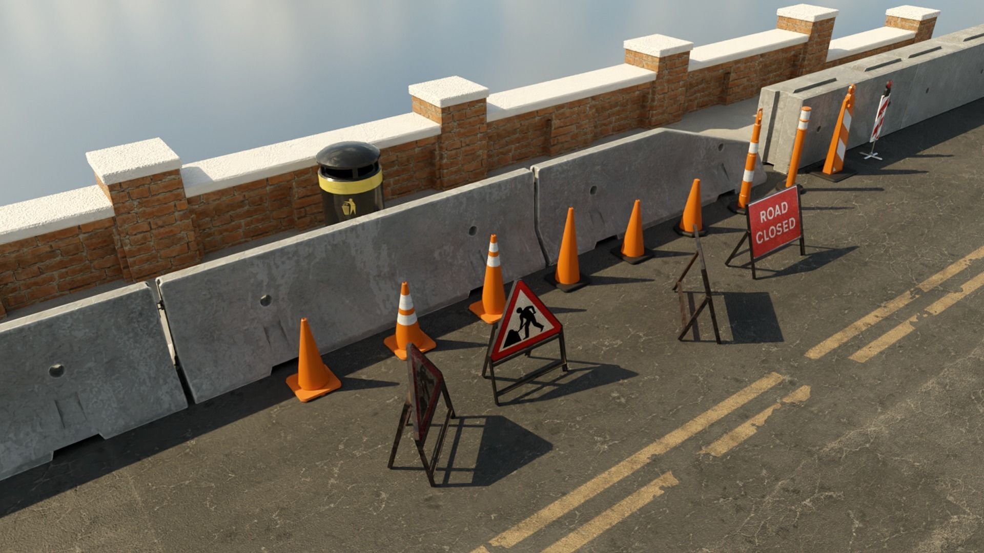 Low Poly PBR Road Traffic Cones signs and jersey barriers Low-poly 3D model_3