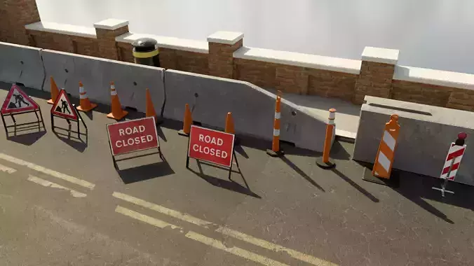 Low Poly PBR Road Traffic Cones signs and jersey barriers Low-poly 3D model