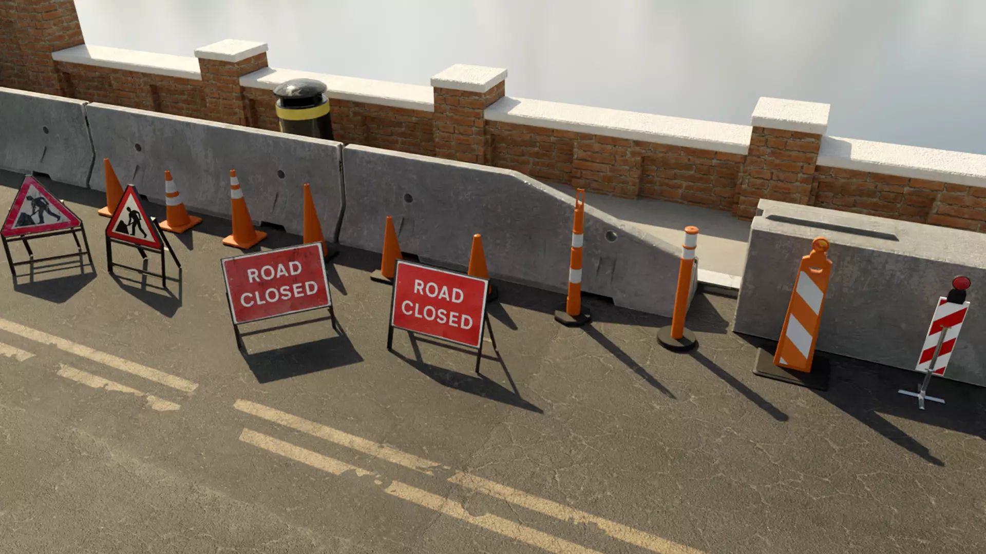 Low Poly PBR Road Traffic Cones signs and jersey barriers Low-poly 3D model_0