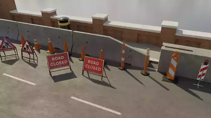 Road Traffic Cones Signs and Jersey Barriers Low-poly 3D model Road Traffic Cones Signs and Jersey Barriers Low-poly 3D model