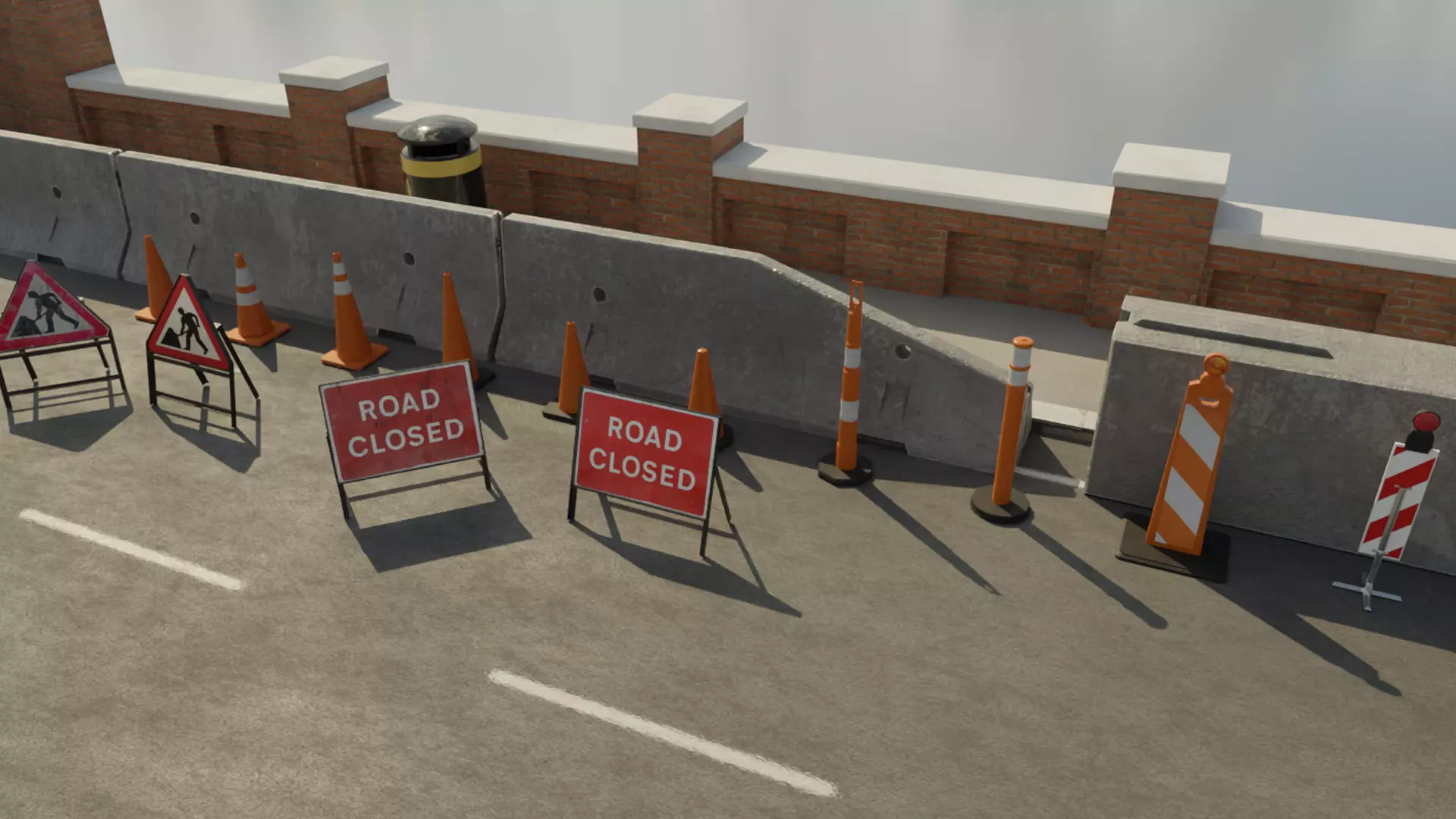 Road Traffic Cones Signs and Jersey Barriers Low-poly 3D model_0