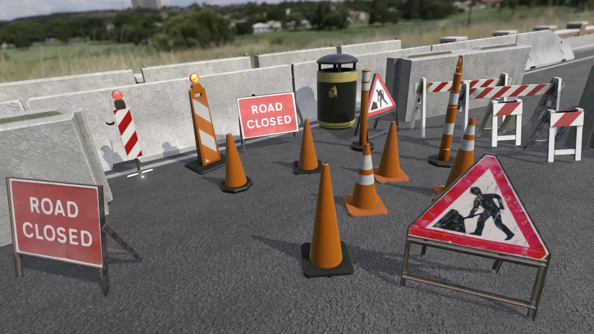 Road Traffic Cones Signs and Jersey Barriers Low-poly 3D model_4