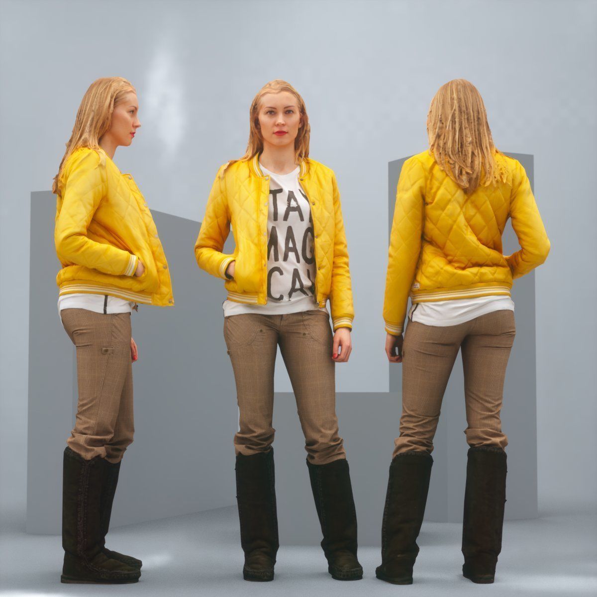 Casual Blonde Model in Yellow Jacket and Boots Low-poly 3D model_1