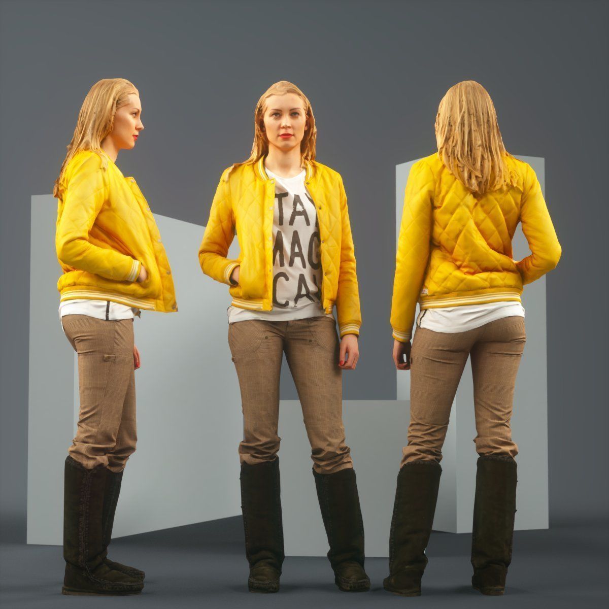 Casual Blonde Model in Yellow Jacket and Boots Low-poly 3D model_2