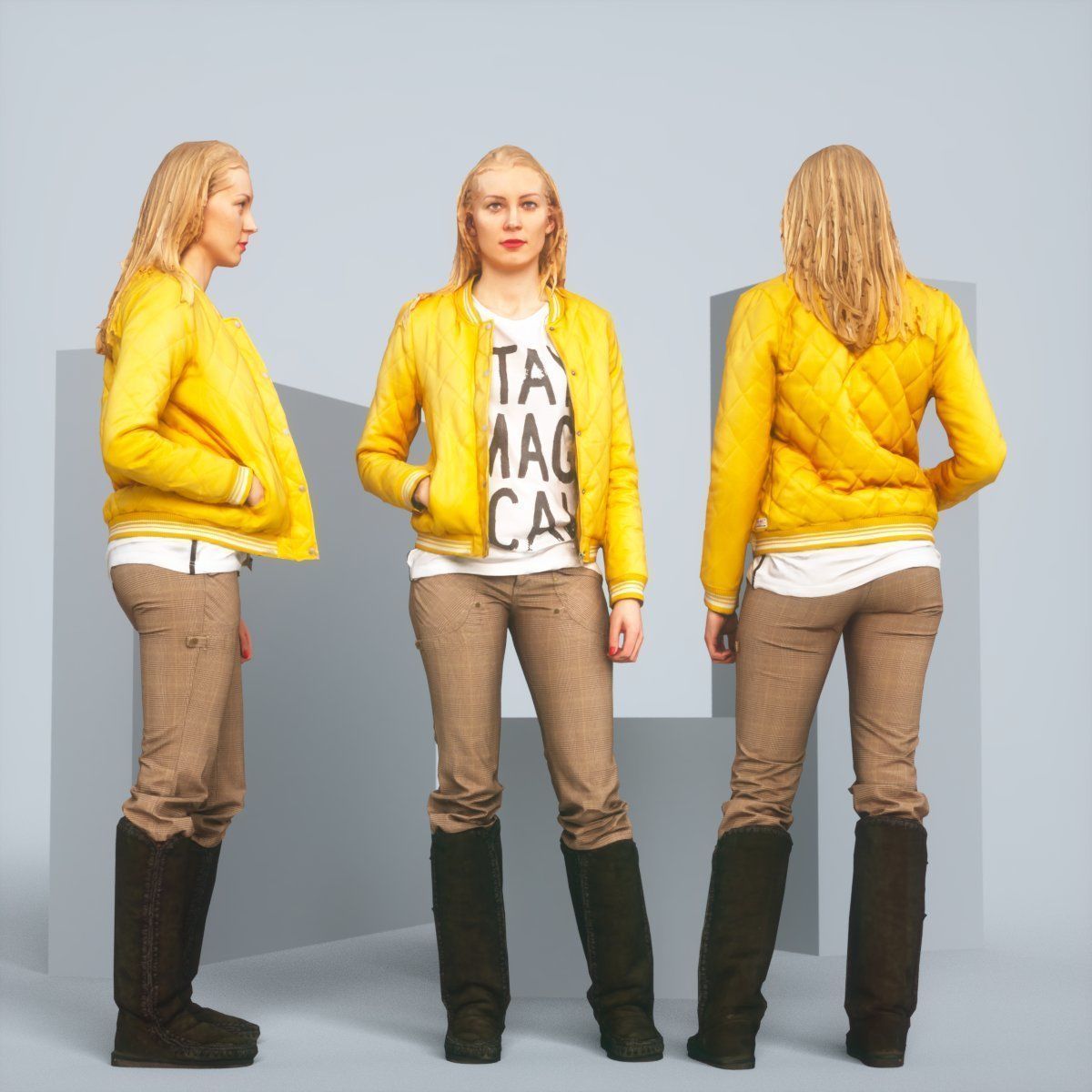 Casual Blonde Model in Yellow Jacket and Boots Low-poly 3D model_4