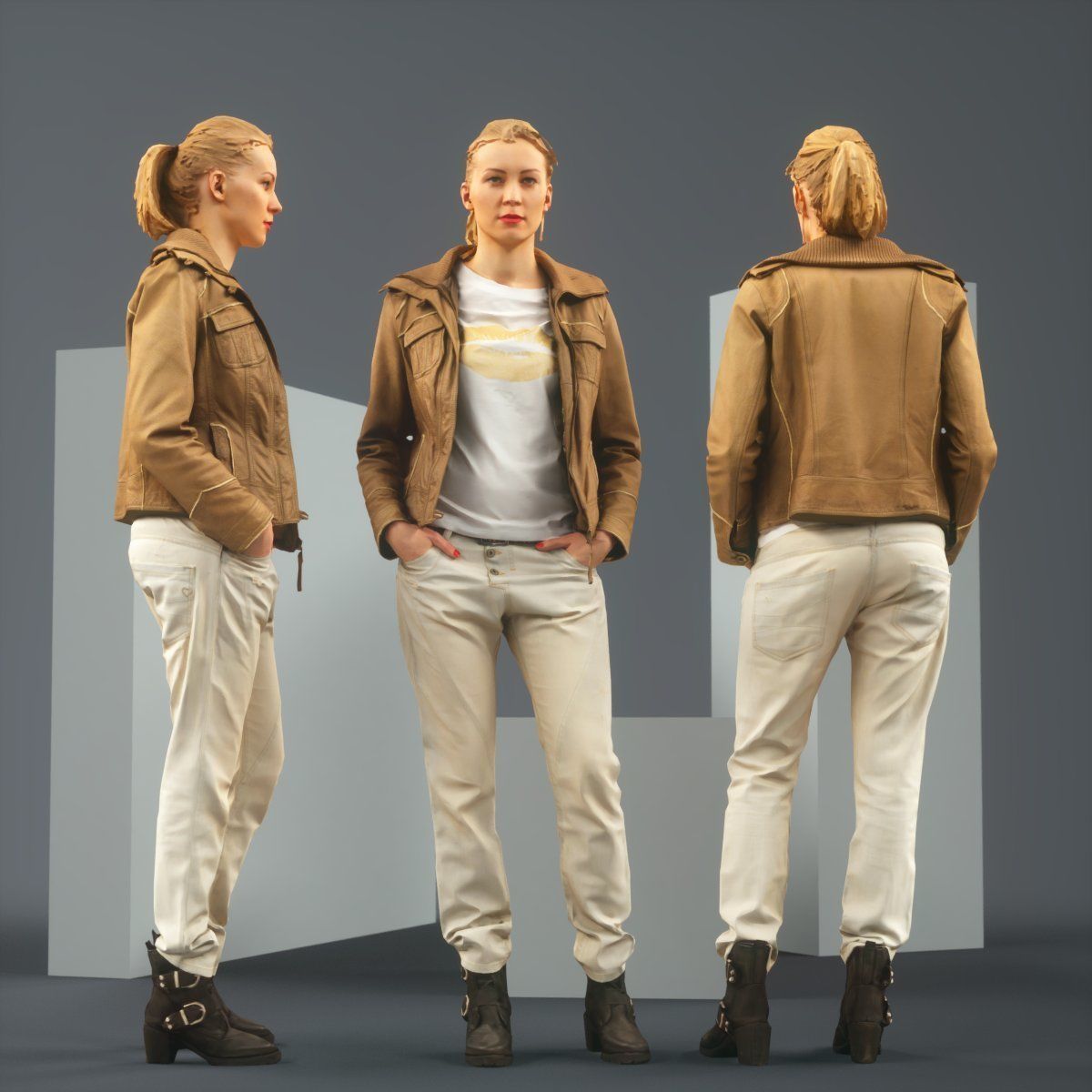 Casual Blonde in Brown Leather Jacket and Jeans Low-poly 3D model_2