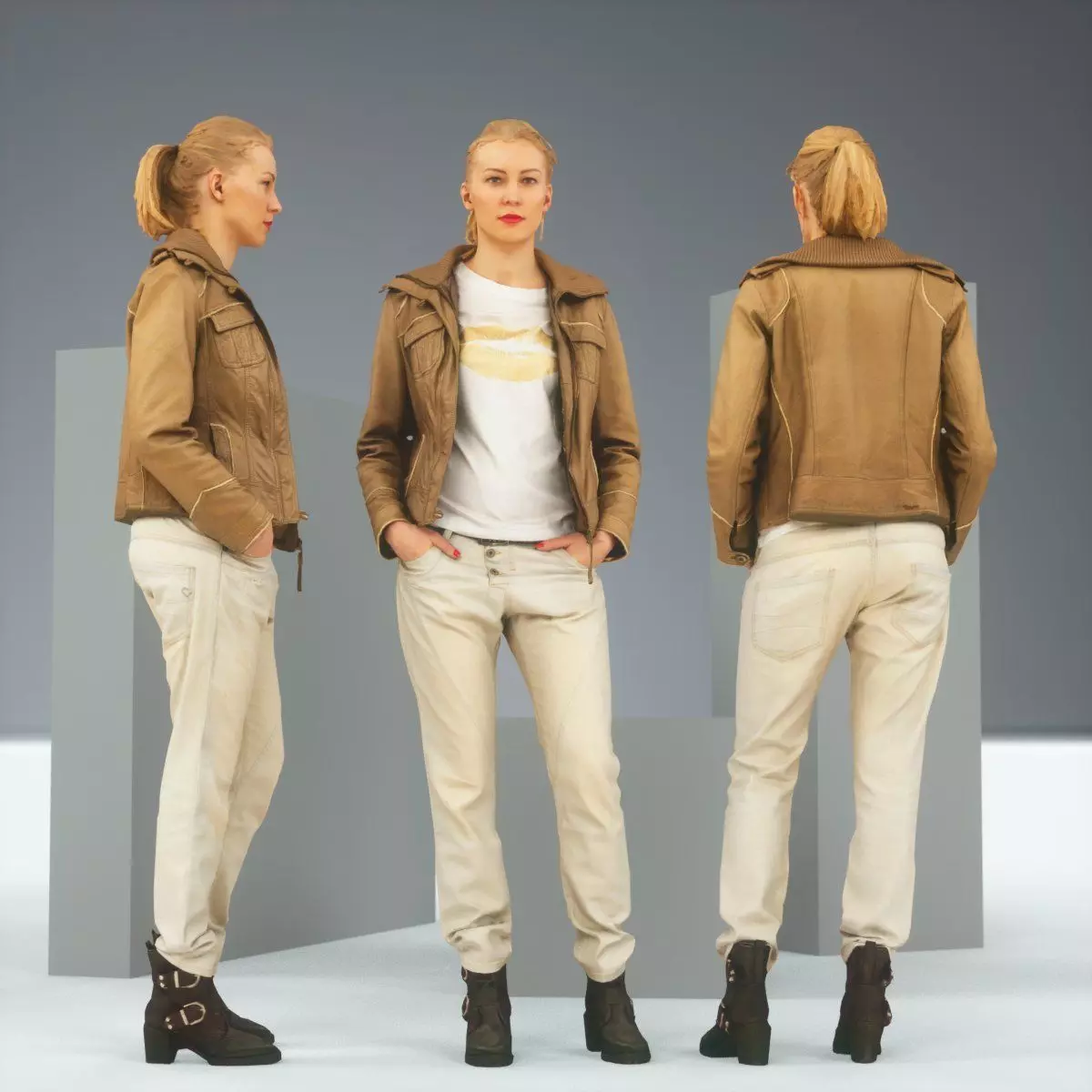 Casual Blonde in Brown Leather Jacket and Jeans Low-poly 3D model_0