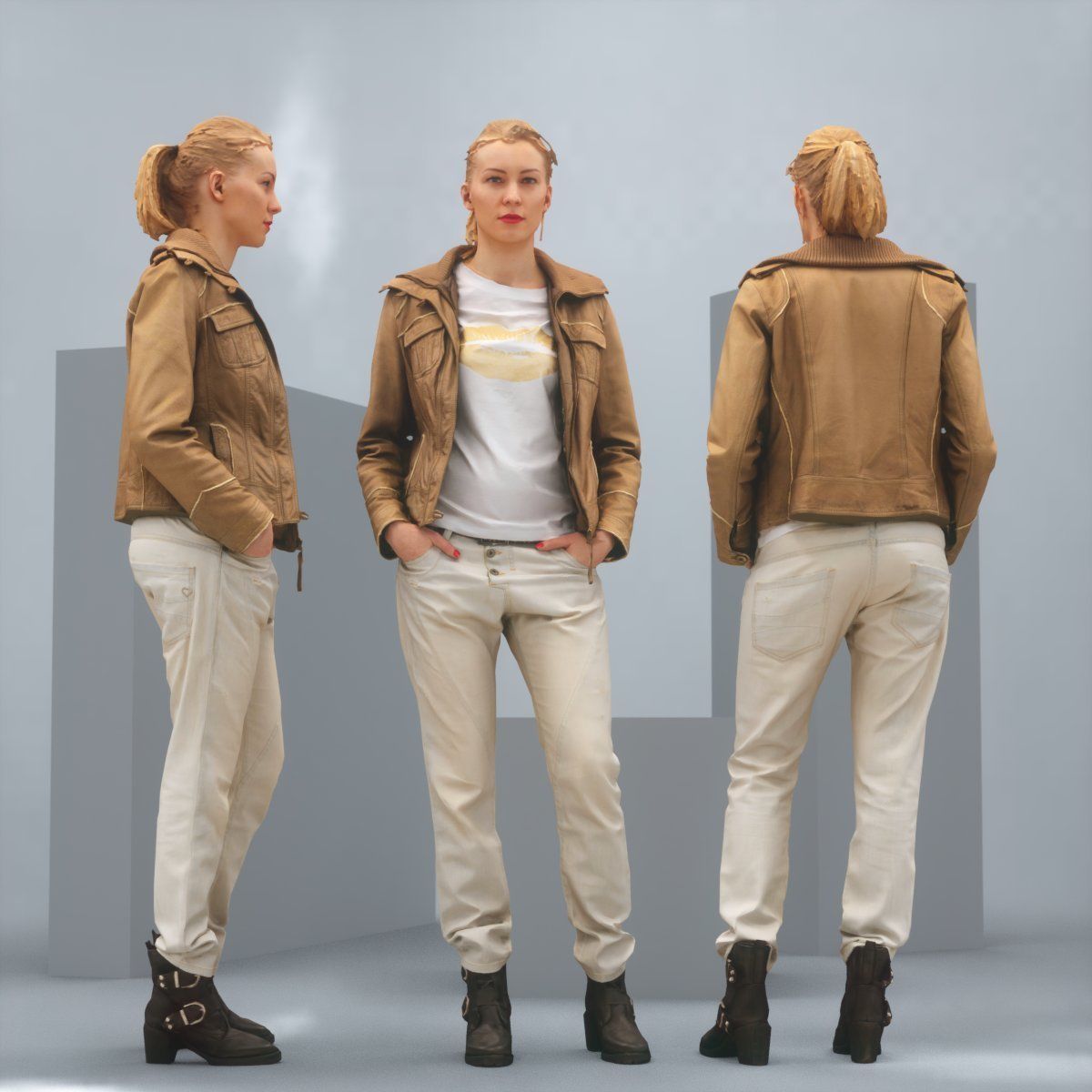 Casual Blonde in Brown Leather Jacket and Jeans Low-poly 3D model_1