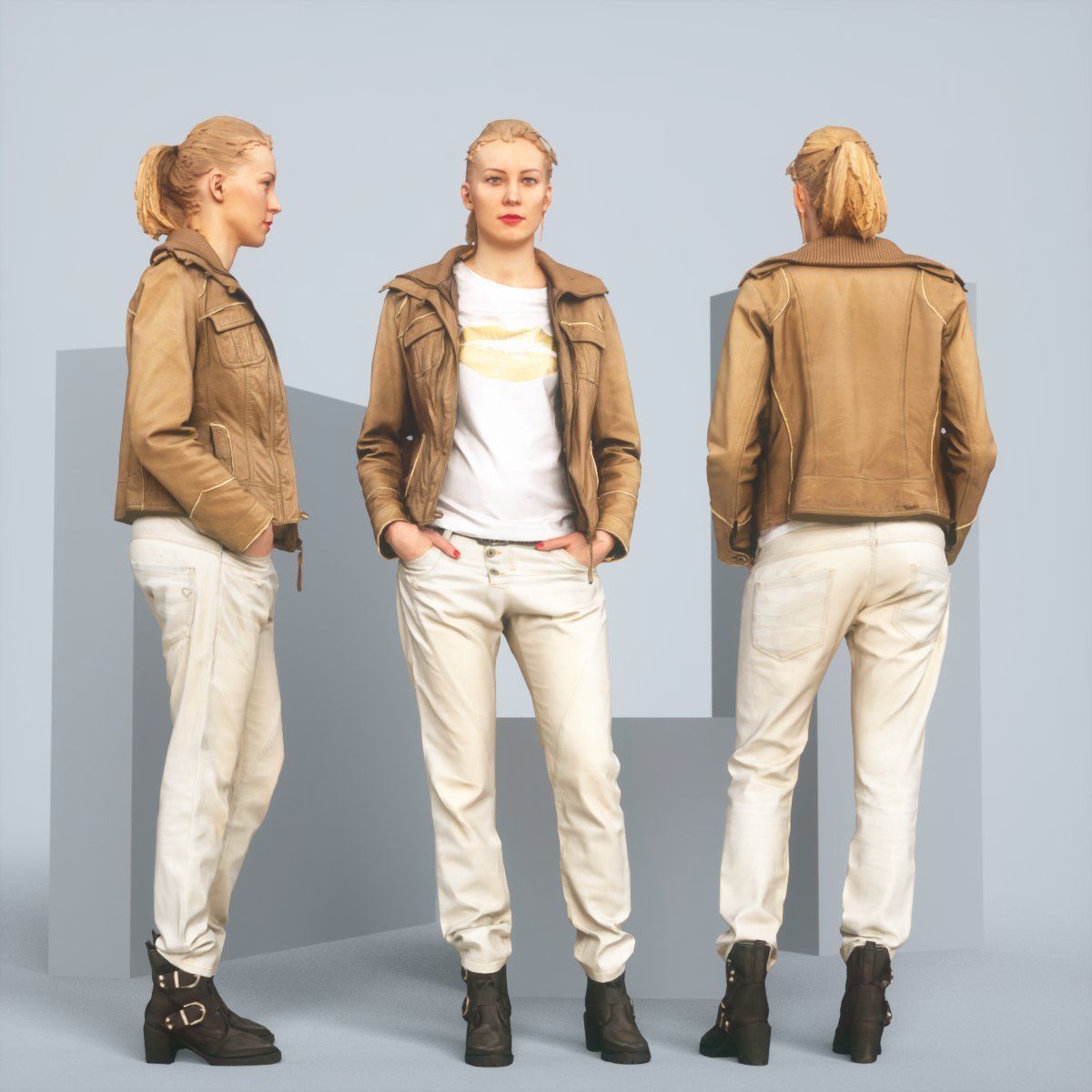 Casual Blonde in Brown Leather Jacket and Jeans Low-poly 3D model_4