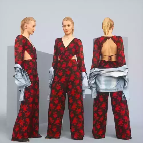 Blonde in Red Flower Pants taking off Jeans Jacket