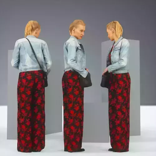Blonde in Red Flower Pants and Jeans Jacket Purse