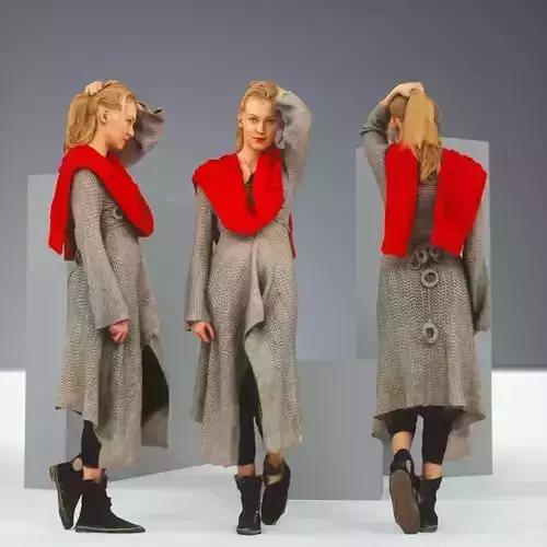 Blonde in Knit Grey Dress and Red Scarf