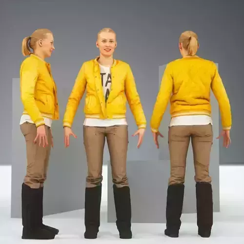 A Pose Casual Blonde Model in Yellow Jacket and Boots