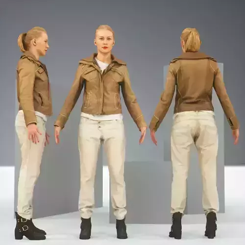 A Pose Casual Blonde in Brown Leather Jacket and Jeans