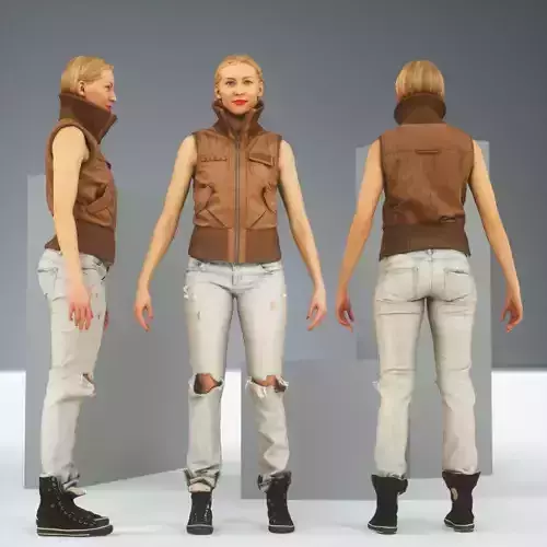 A Pose Blonde in Leather Jacket and Jeans