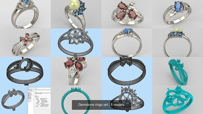 Women Gemstone rings set 3dm stl 3D print model 3D Model Collection