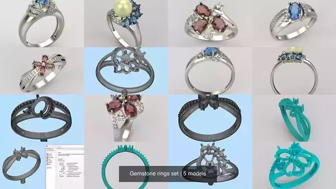 Women Gemstone rings set 3dm stl 3D print model 3D Model Collection