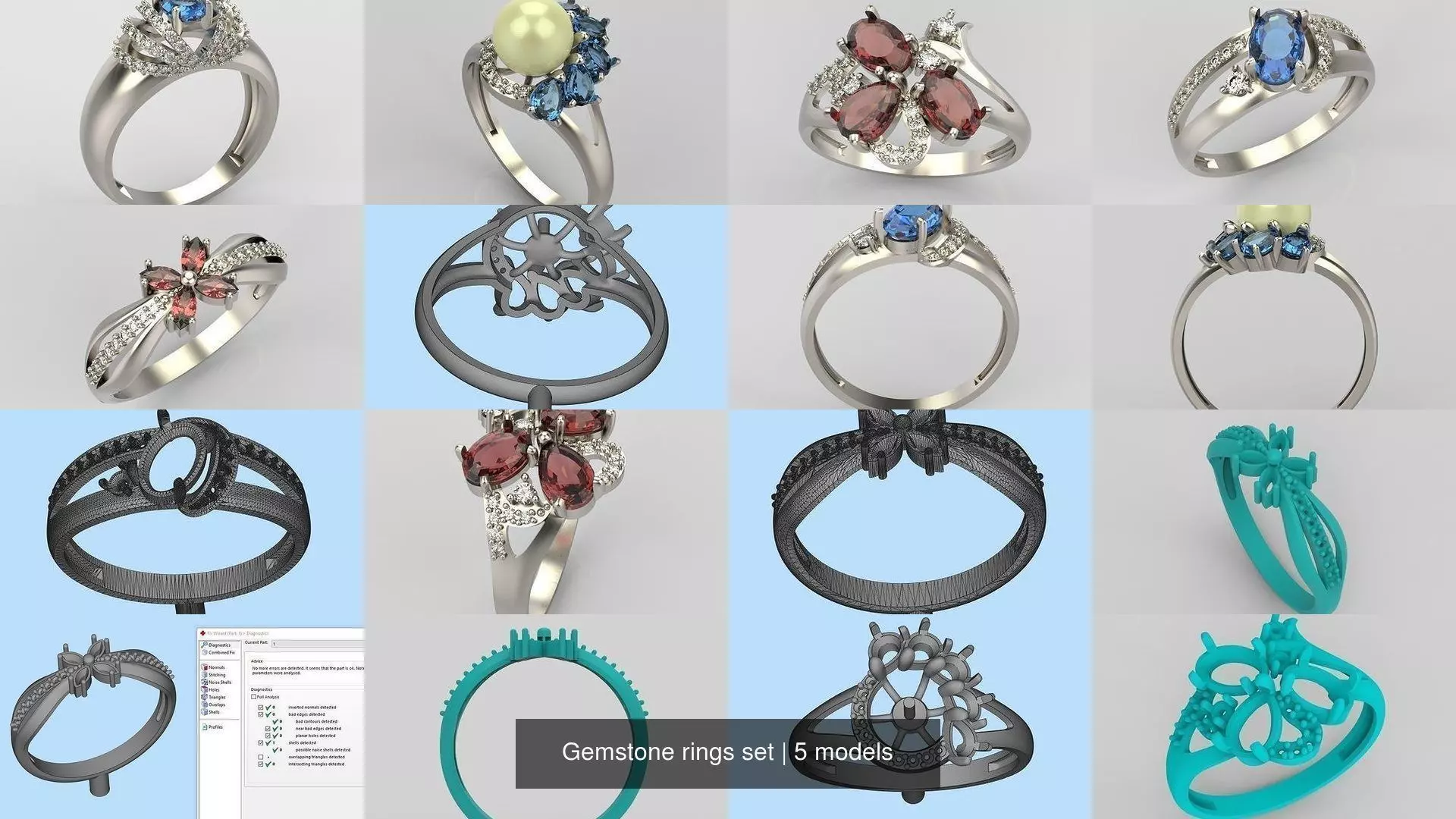 Women Gemstone rings set 3dm stl 3D print model 3D Model Collection_0