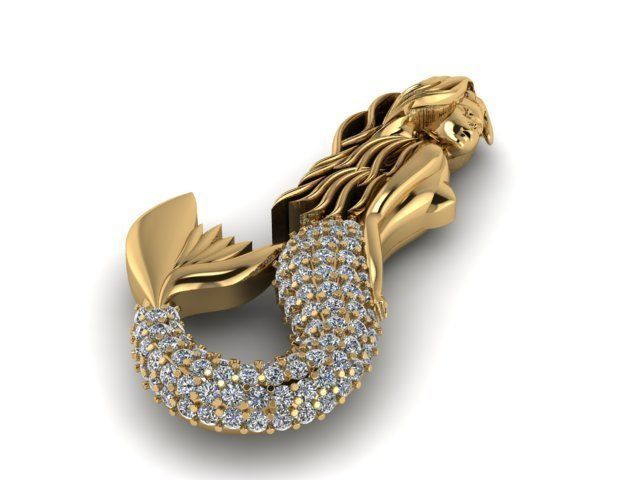 mermaid pendant gold with diamonds 3D print model_1
