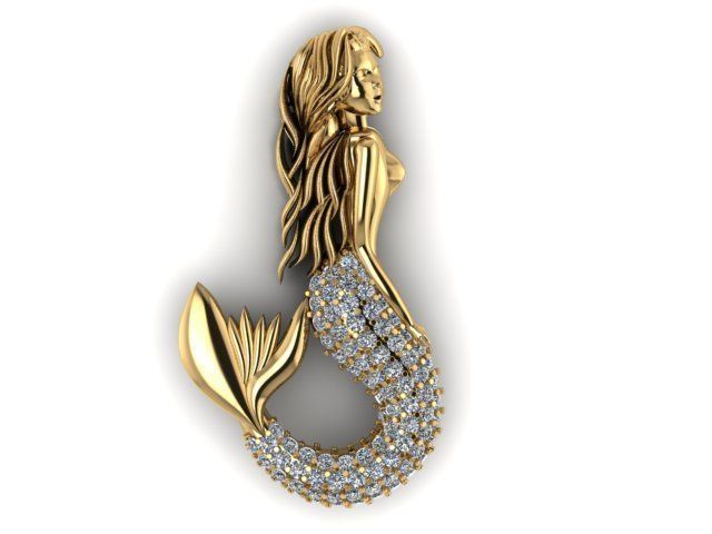 mermaid pendant gold with diamonds 3D print model_2