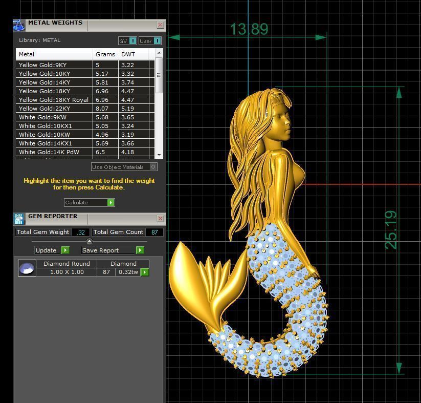 mermaid pendant gold with diamonds 3D print model_3