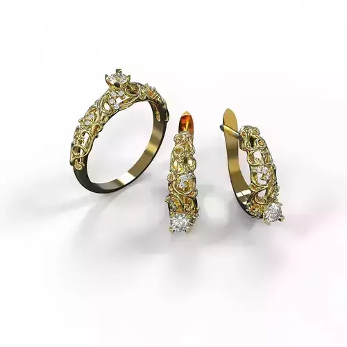 Set Vine gold ring with diamonds 3D print model