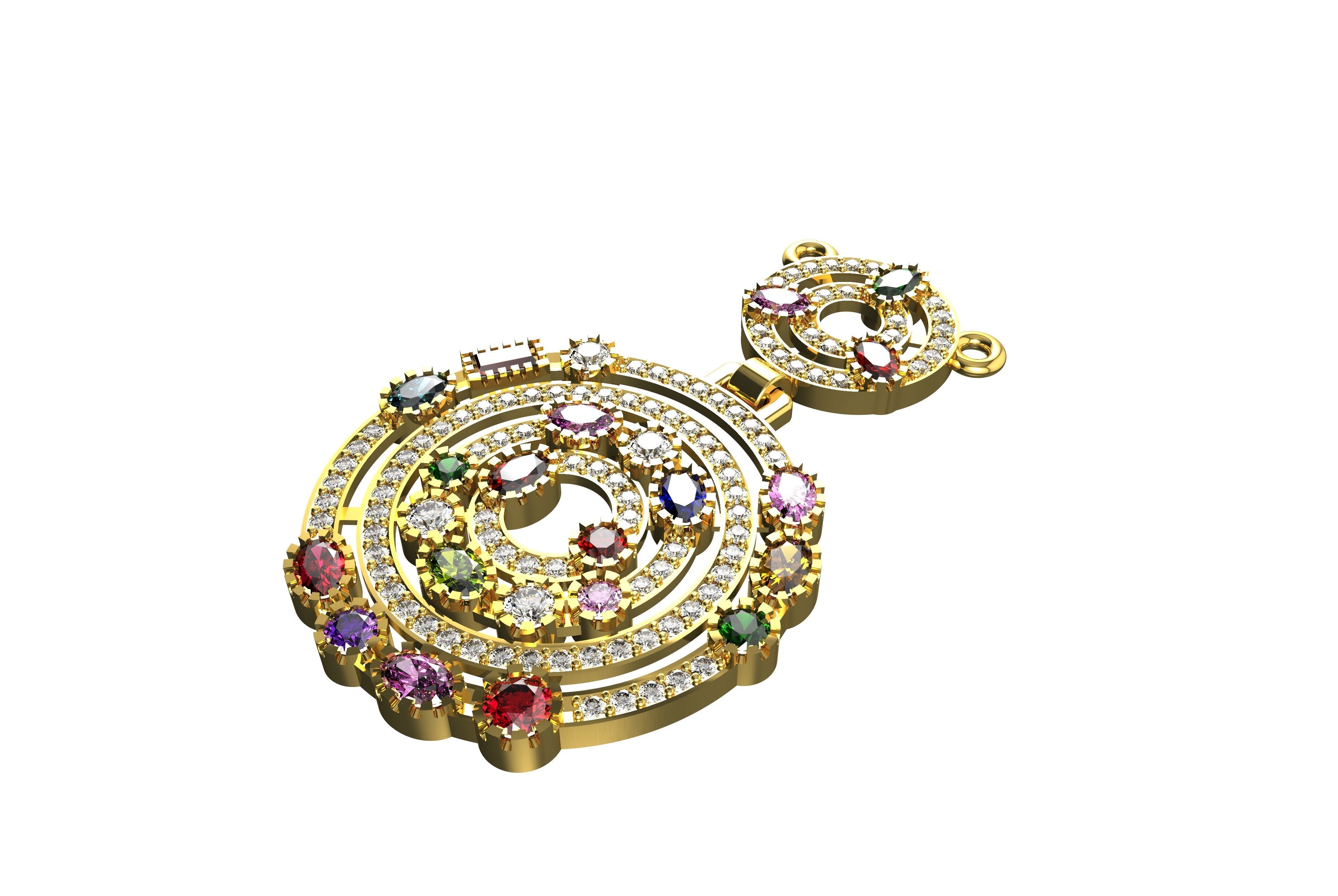Multi colored Gemstone and Diamond Pendant CT 3D print model_2
