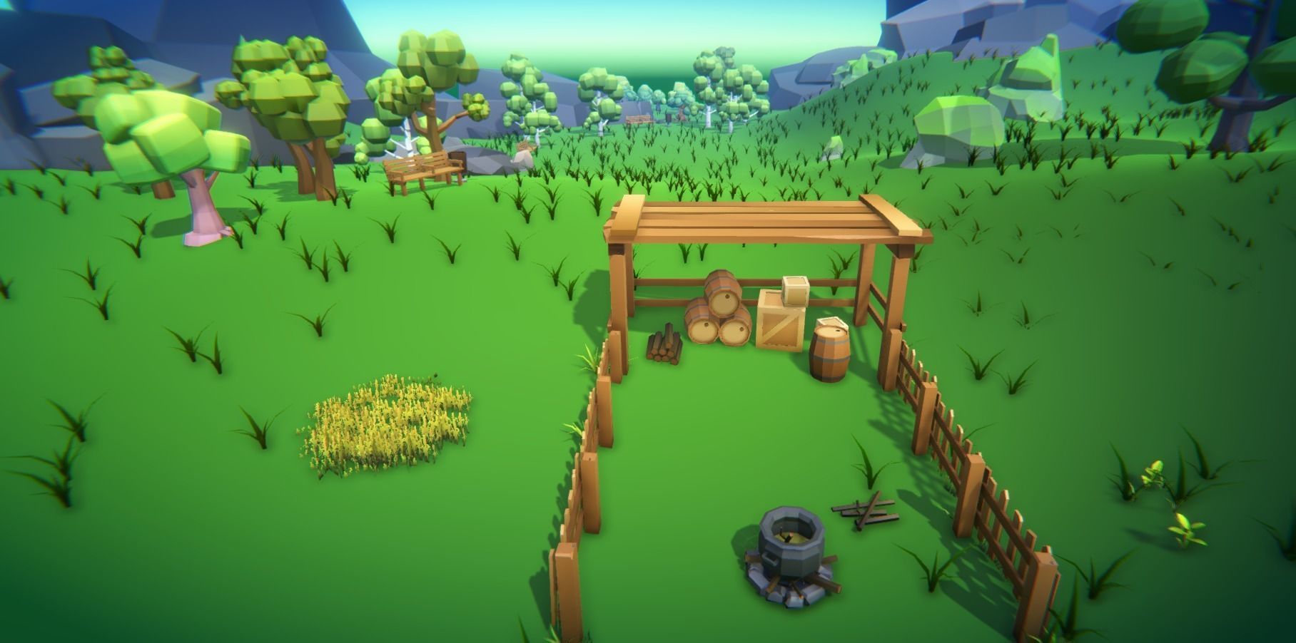 Low Poly World farm with wooden fence and trees Low-poly 3D model_19