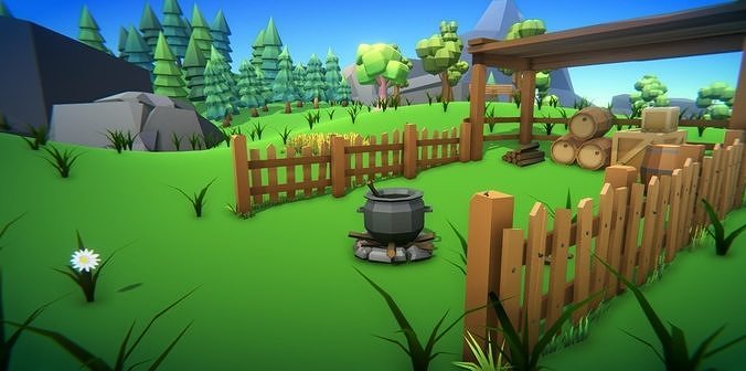 Low Poly World farm with wooden fence and trees Low-poly 3D model