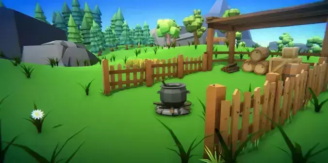 Low Poly World farm with wooden fence and trees Low-poly 3D model