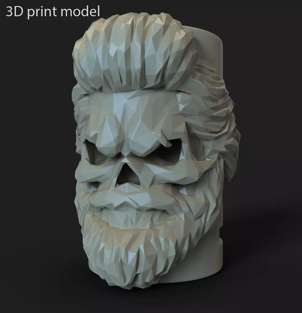 lowpoly Skull bearded vol1 flower pot and pen holder 3D print model_0