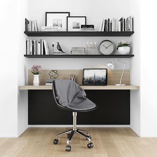 Workplace home office desk with bookshelves Low-poly 3D model