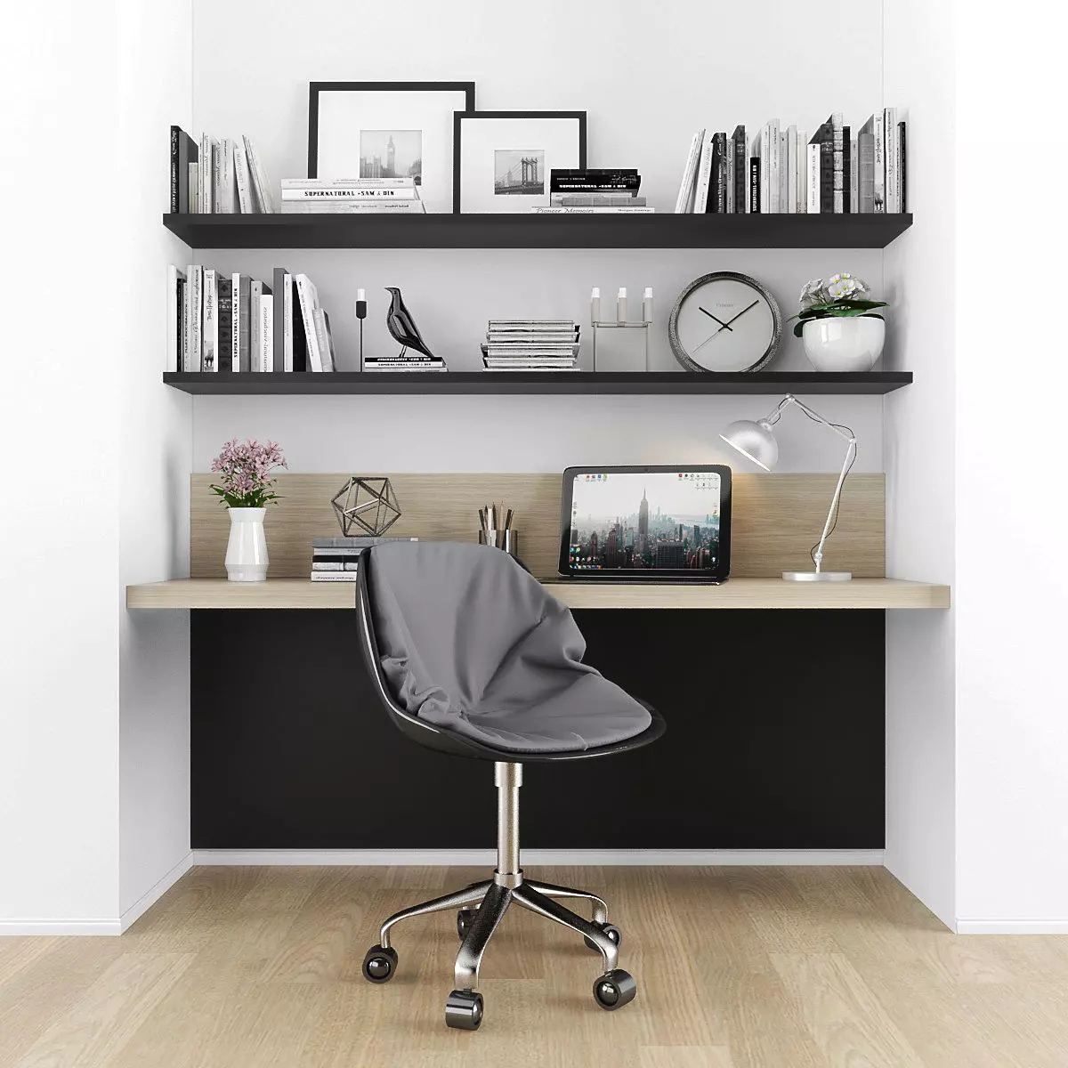 Workplace home office desk with bookshelves Low-poly 3D model