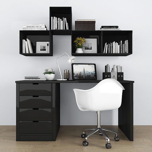 Workplace office desk with bookshelves and chair Low-poly 3D model
