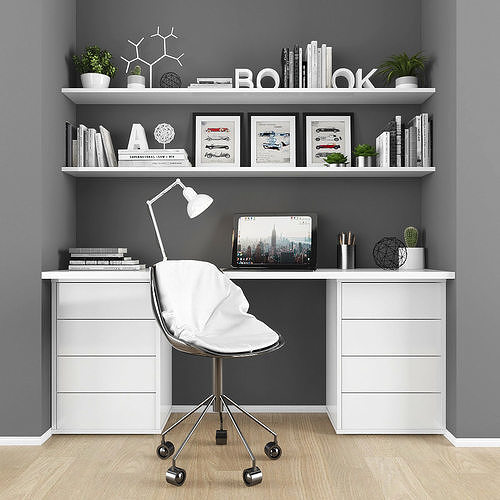 Workplace home office with shelves and chair Low-poly 3D model