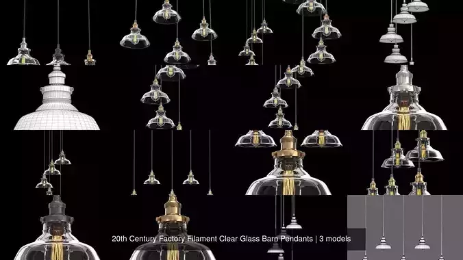 20th Century Factory Filament Clear Glass Barn Pendants 3D Model Collection
