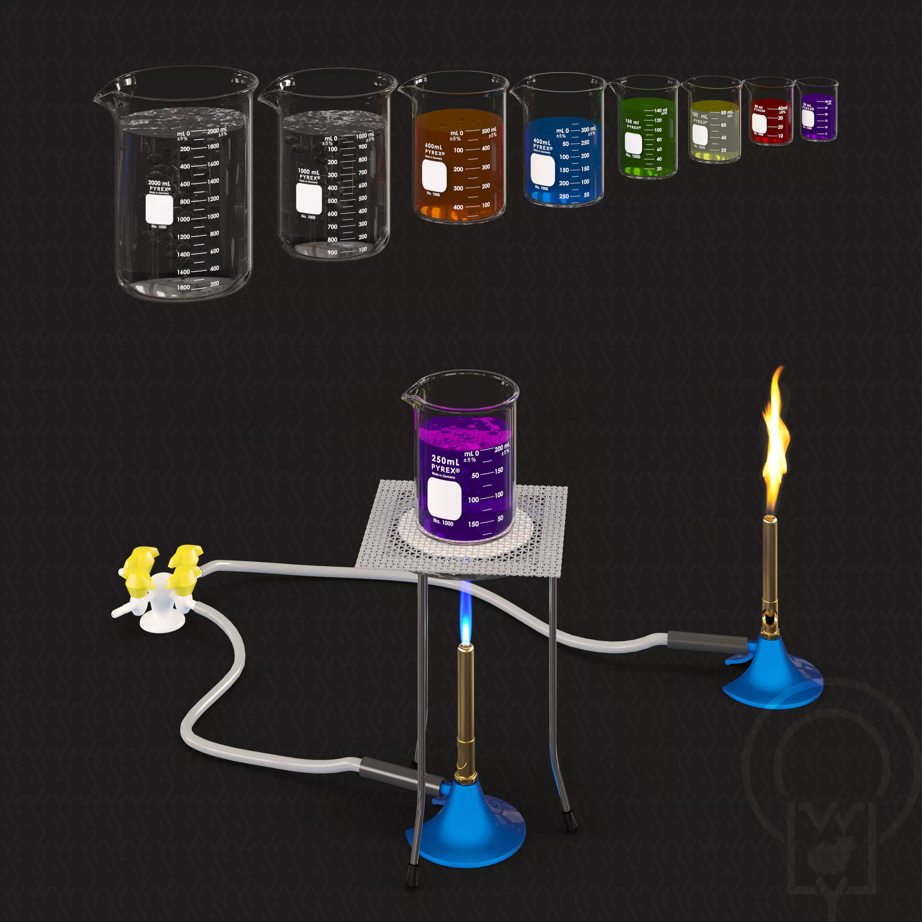 Lab Bunsen Burner Tripod Beaker Chemistry set 3D model_0