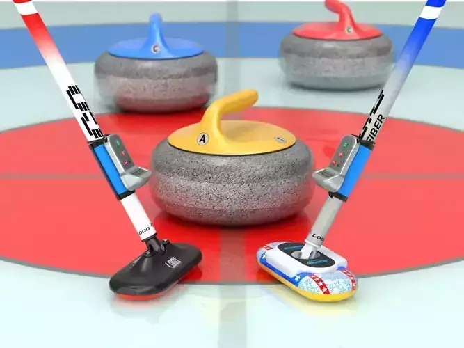 Curling Set hockey stick with handle 3D model