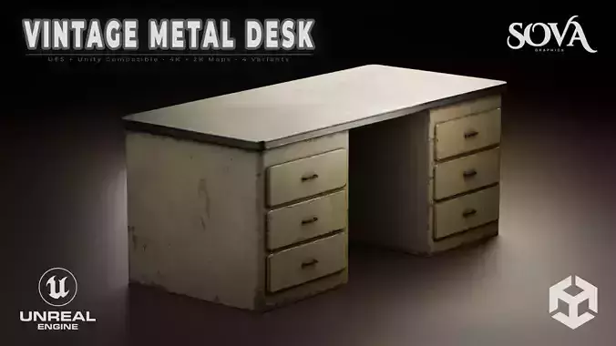 Vintage Metal Desk - 4 Variants - PBR - GameReady